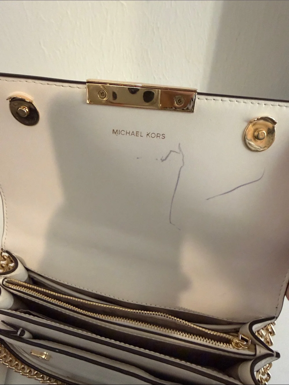 Michael Kors White Leather Crossbody with Gold Chain Strap